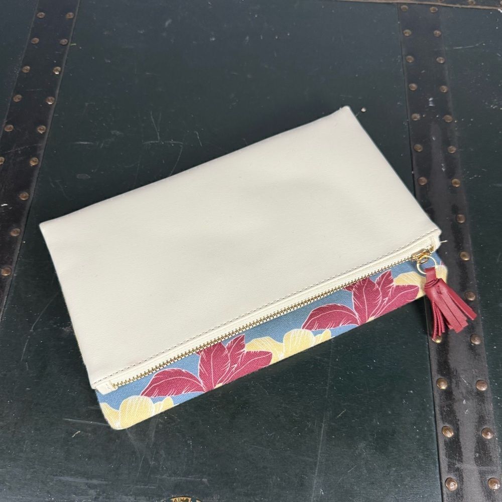 Rachel Pally Cream Blue Floral Vegan Fold Over Reversible Tassel Zip Clutch